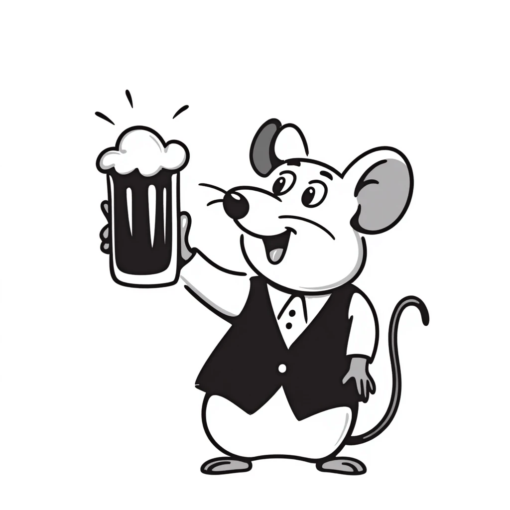 Hand-drawn mouse character toasting with a beer mug emoji