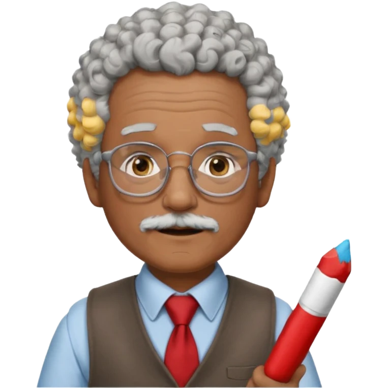 old man teacher, brown skin, curly grey white hai, wearing glasses, brown vest, red tie hold chalk on hand emoji