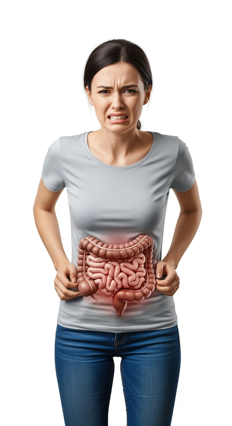 donna a figura intera con intestino umano realistico in 3d in evidenza dolorante, espressione di dolore in volto, sfondo bianco, non farla computerizzata, ma iperrealistica 4k, sfondo bianco emoji