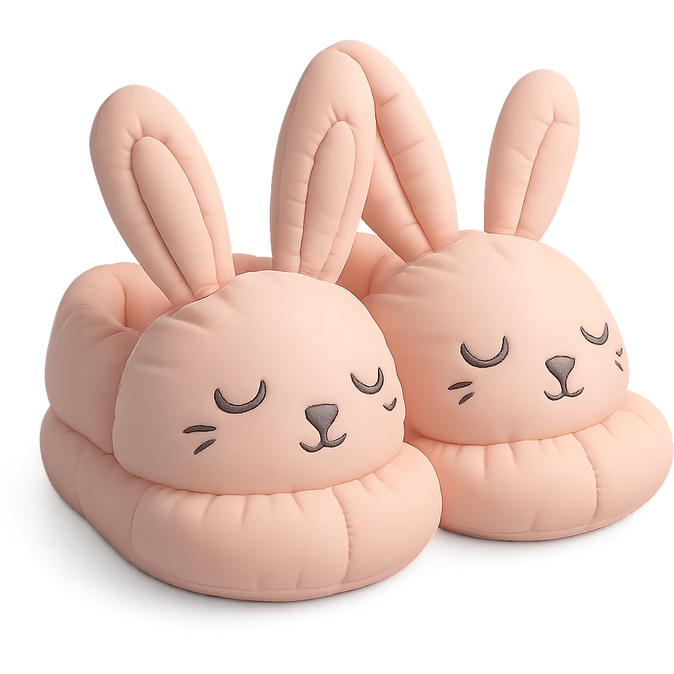 pair of bunny slippers with floppy ears and embroidered eyes, cozy and rounded, pastel palette, cushion style emoji