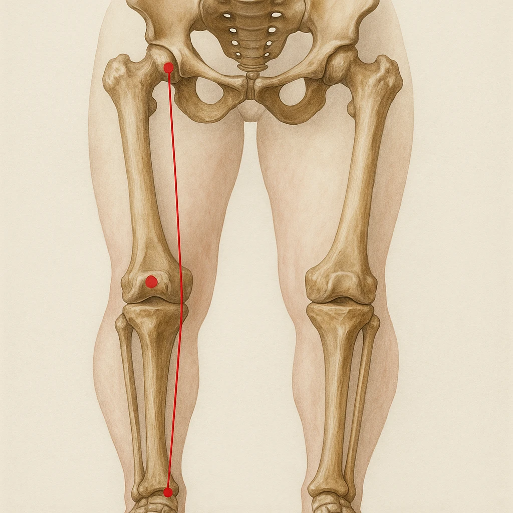 Create a hyperrealistic anatomical illustration in 4K resolution, front view, 1:1 proportion. Show knees with varus deformity (bow legs) pointing outward. Clearly highlight the pelvic bones, femur, tibia, and fibula. Include a red line indicating the mechanical axis as in the reference image. The style should be medical and realistic with a neutral background. emoji