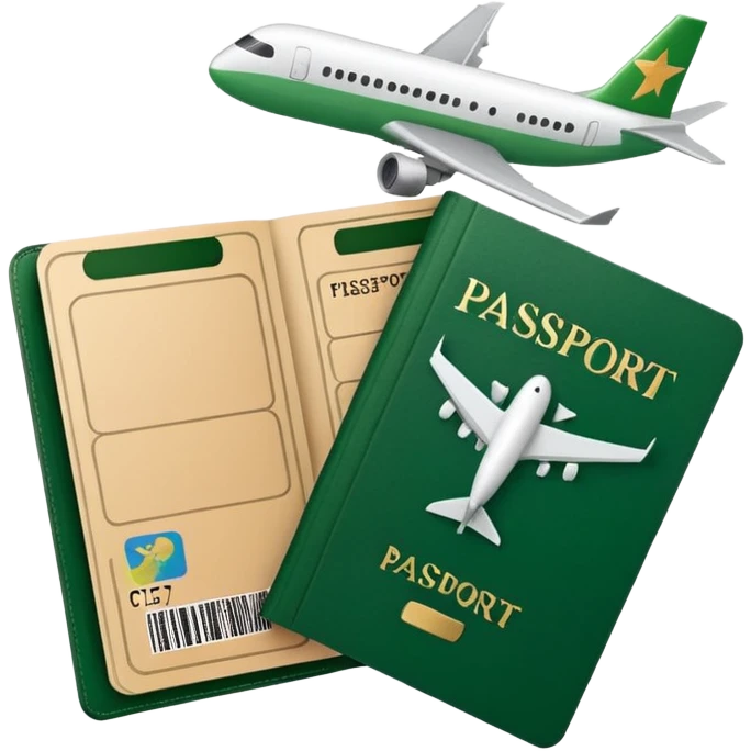 passport with airplane tickets sticking out, Apple emoji style, colors #173e12 and #c1a793, no text, simple shapes, minimalist emoji