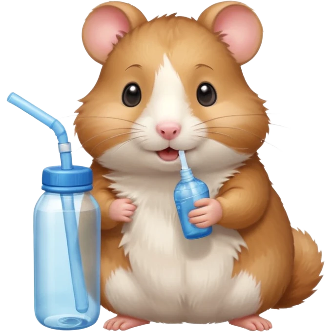 Cute cartoon-style hamster hugging an oversized water bottle, sipping with tiny straw, happy expression. Painterly shading, expressive eyes, white background, sticker-style illustration emoji