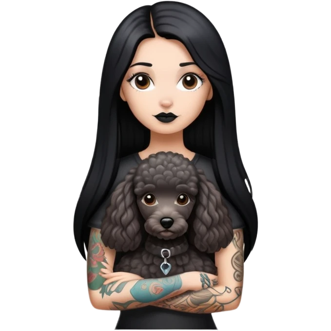 girl with long black  straight hair and tattoos and a  silver Yorkshire and a brown poodle emoji