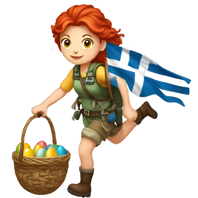 Female mountaineer red hair climbing with Easter egg sbasket and Greek flag emoji