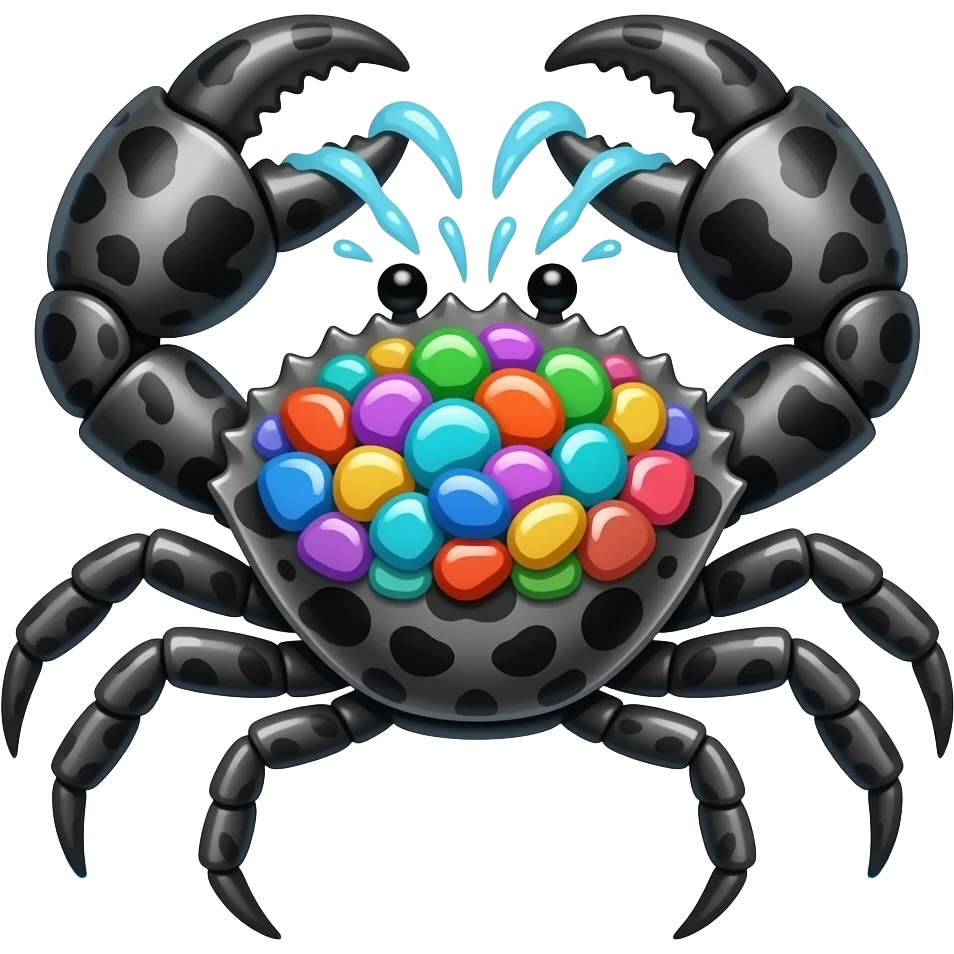 Marinibble A fast and dangerous black and white crab-like creature that gathers shiny multicolored stones on its back. It snaps a 4 big strong claws that burst with pressurized water. emoji