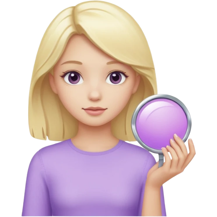 девушка блондинка держит в руке пастельно фиолетовое зеркальце emoji