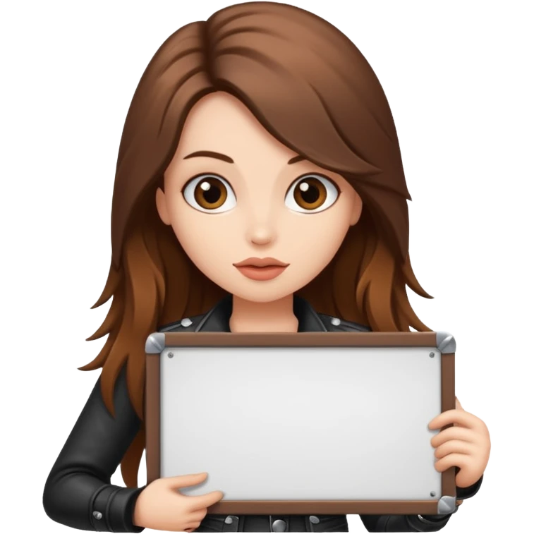 A fair skin rocker chick with long brown hair holding a large blank sign emoji