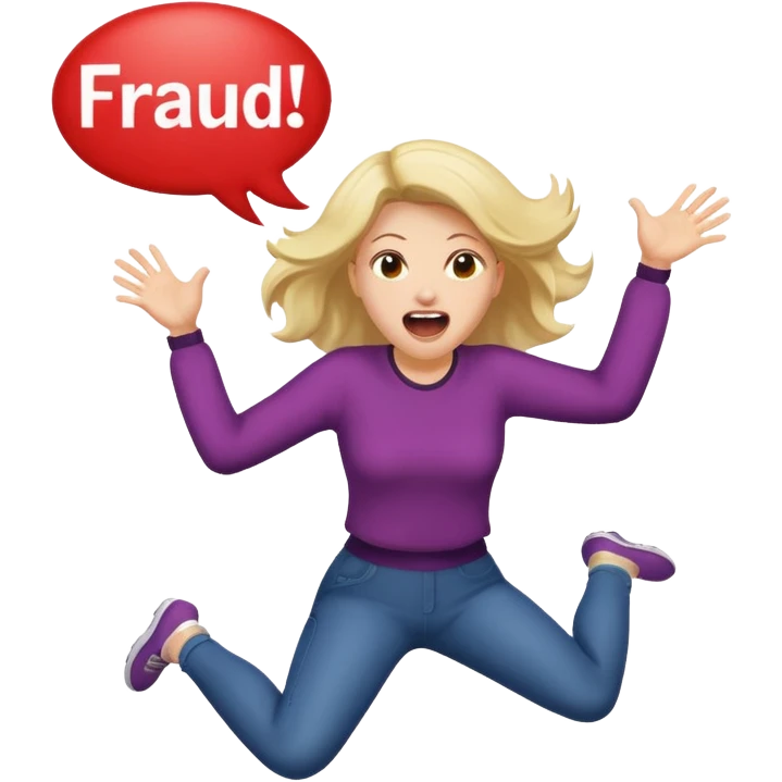 Woman jumping screaming and word “fraud” in a bubble emoji