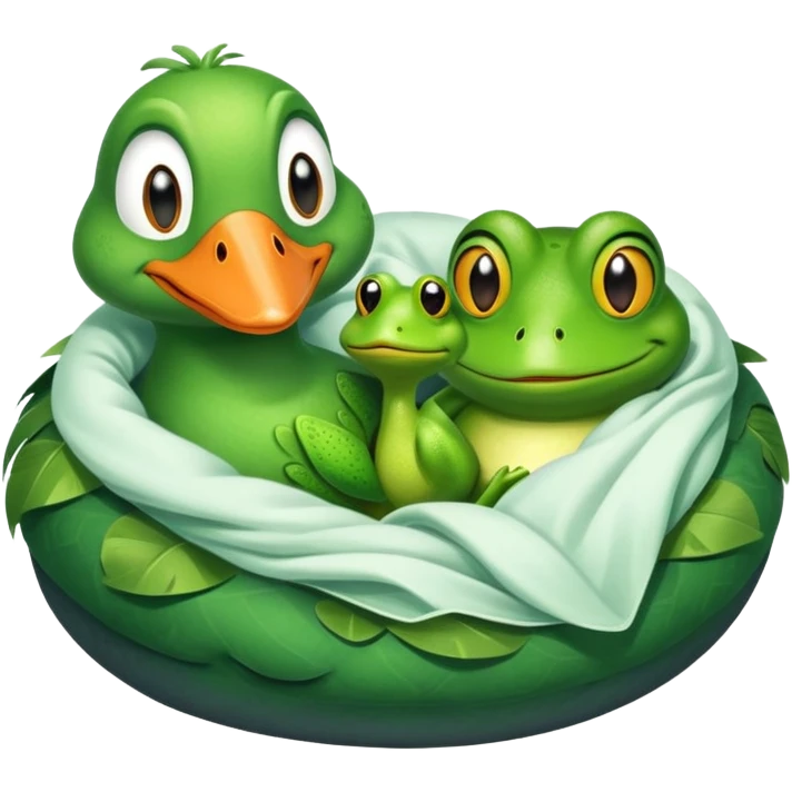 A goose and frog cuddled in bed together  emoji