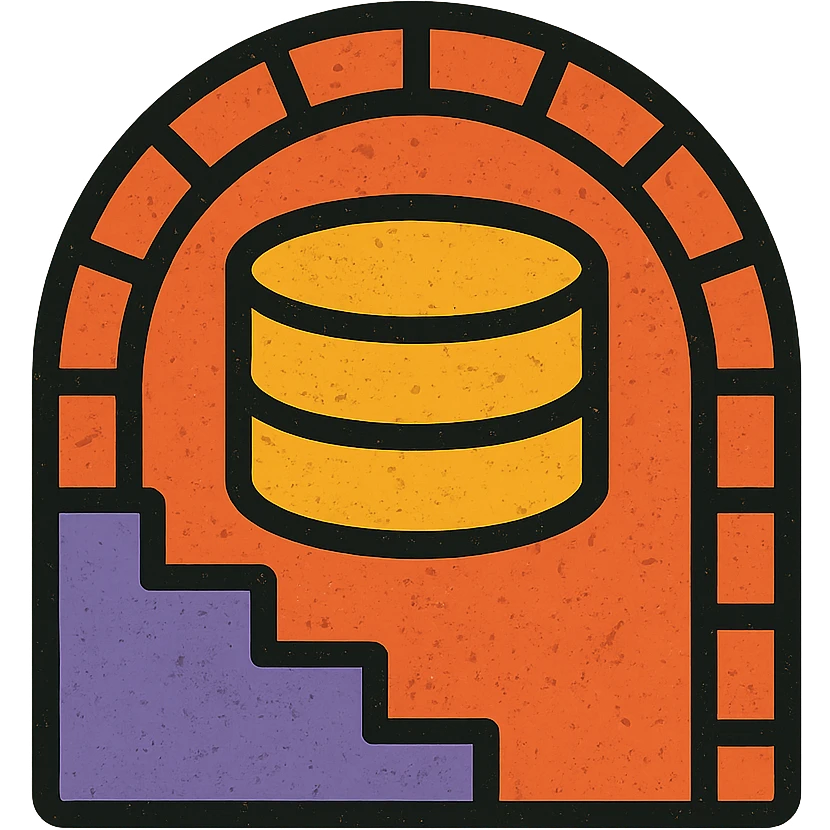minimalist icon of a database cylinder (disk) in a basement or underground setting with simple stairs, arch, or brickwork, worn distressed effect emoji