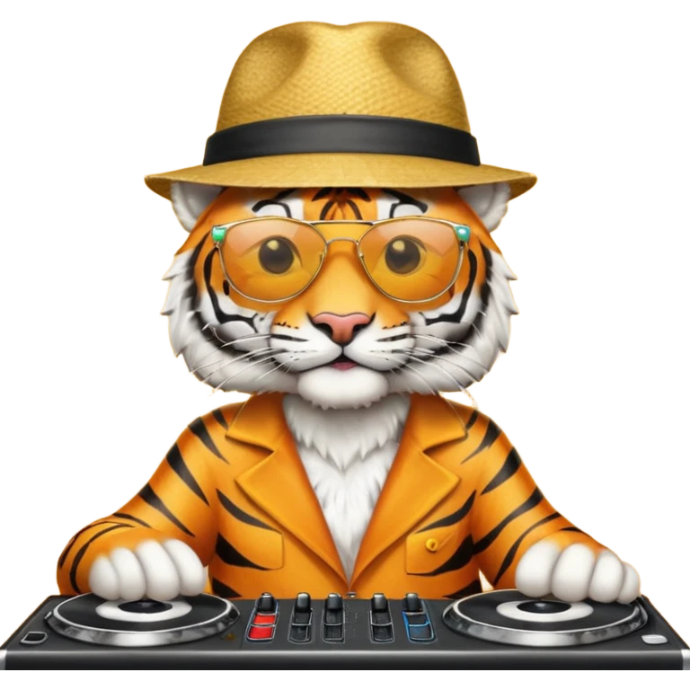 Un tigre con sombrero estilo cubano, una mesa de dj y gafas de sol emoji