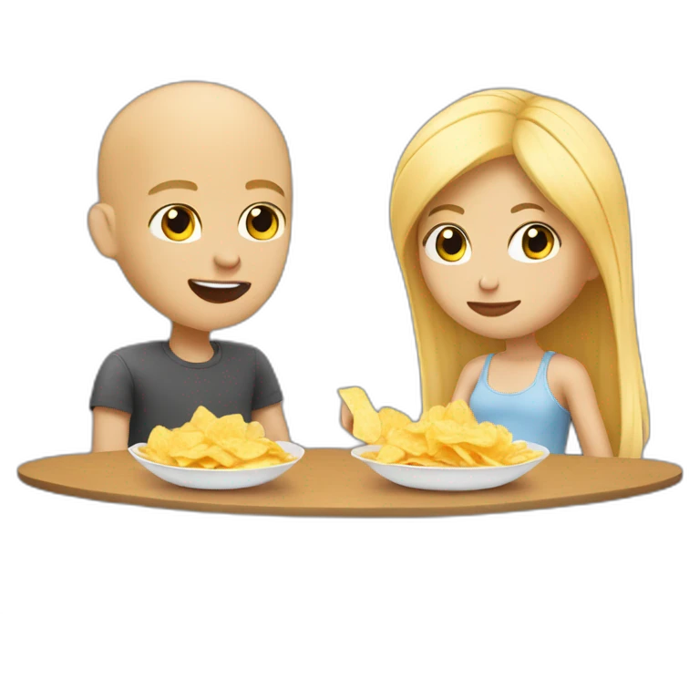 cute blonde girl with her bald boyfriend eating chips emoji
