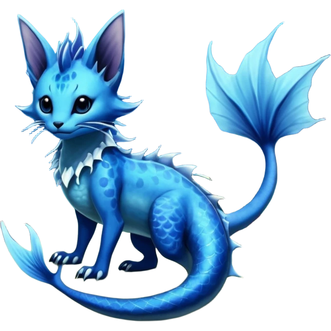 Epic complex abyssal fantasy swampy glorious detailed dark dusky gloomy deep gothic gloomy cobalt-blue-abyss-blue-black-greyish, realistic Fakémon-Sprigatito-Floragato-Meowscarada-Vaporeon-Salandit-Trico-Sergal-Serval-Vernid-creature (full body) with mermaid-ears, tail fin, shiny sparkly, iridescent emoji