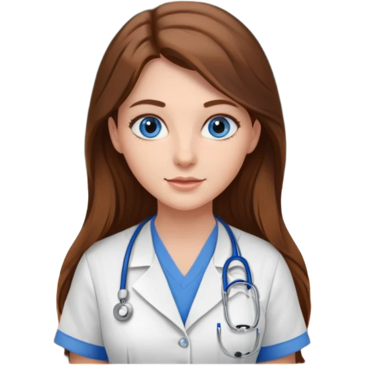 inside a classroom at university that says nursing school on the board with a pretty female nursing student with long brown hair, blue eyes emoji