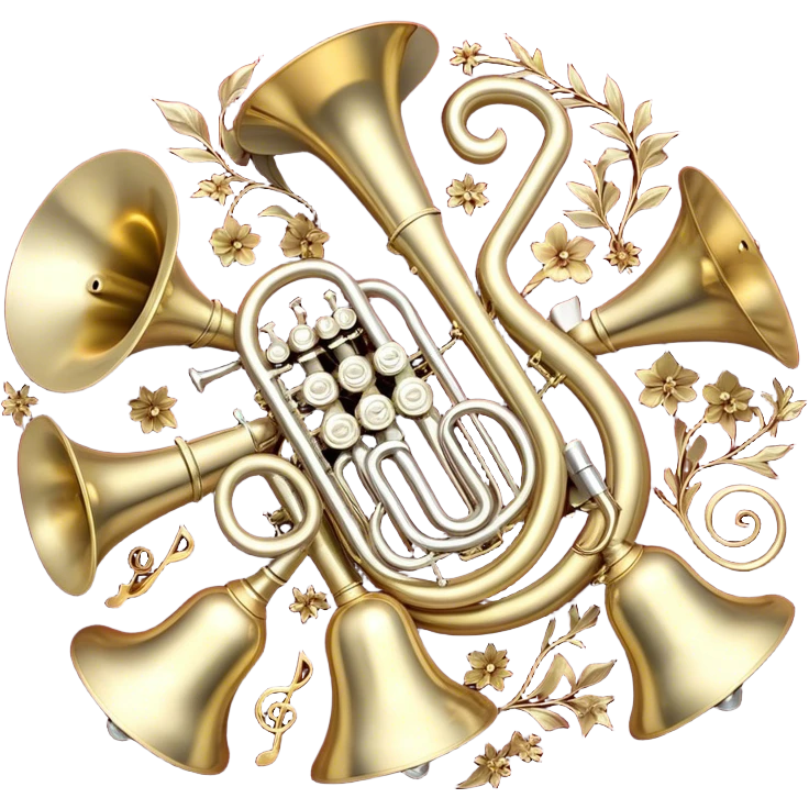 Create a festive and elegant emoji collage featuring a bouquet or fan of brass instrument bells (trumpets, saxophones, trombones, tubes, etc.) arranged in a radiant, symmetrical pattern. The instruments should have polished, golden and silver finishes, with their large, shiny bells forming a beautiful, fan-like display. Include a flowing ribbon of musical notes swirling through the center, conveying movement and melody. The background should feature a deep red velvet texture, adding a touch of luxury and sophistication. The overall composition should be balanced, with an elegant and regal feel, with a transparent background to keep focus on the instruments and musical elements. emoji