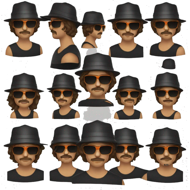 guy with shoulder length long brown hair and a mustache and a black bucket hat and black sunglasses with mirrored orange lenses emoji