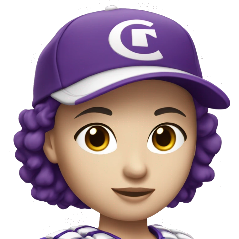 baseball card character. white female. short brunette hair. letter C logo. Purple and white uniform.  emoji