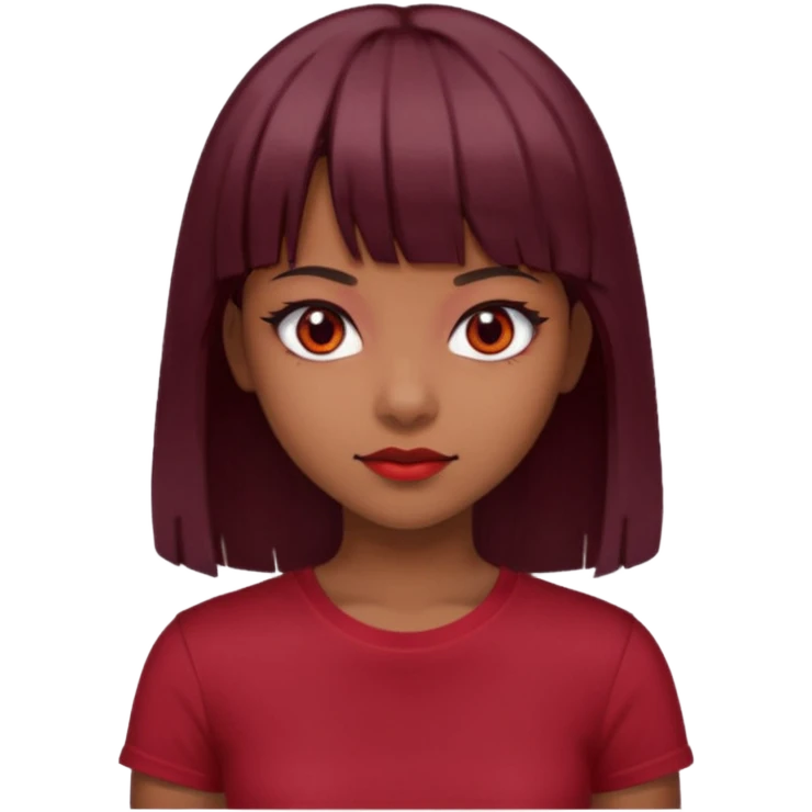 beautiful girl with dark maroon medium hair, straight bangs and red bando, red eyes and brown tshirt  emoji