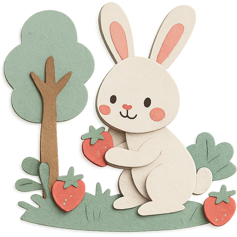 bunny picking strawberries in the woods, sweet pastel red, paper craft style emoji