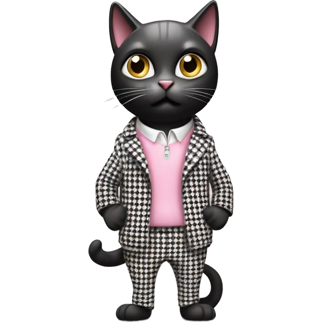 Draw a cute cartoon black cat standing in a stylish black and white houndstooth jacket and light pink pants. The cat has a surprised or concerned expression with wide-open eyes and a downturned mouth against a white background. emoji