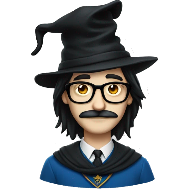 man with white skin, black longer hair, mustache, glasses, with a magic hat, ravenclaw emoji