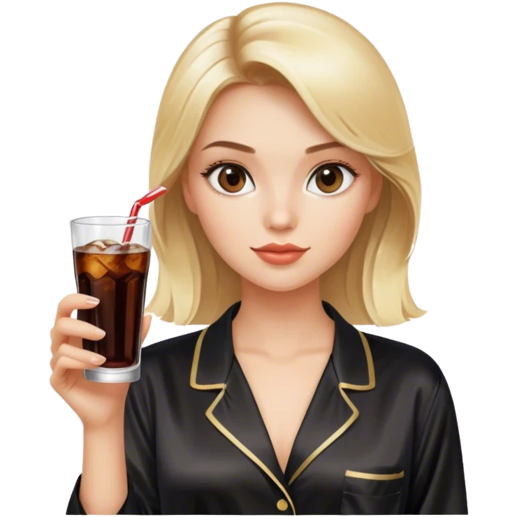 pretty blonde model with brown eyes wearing a black silk pajama set, holding a glass of diet cola  emoji