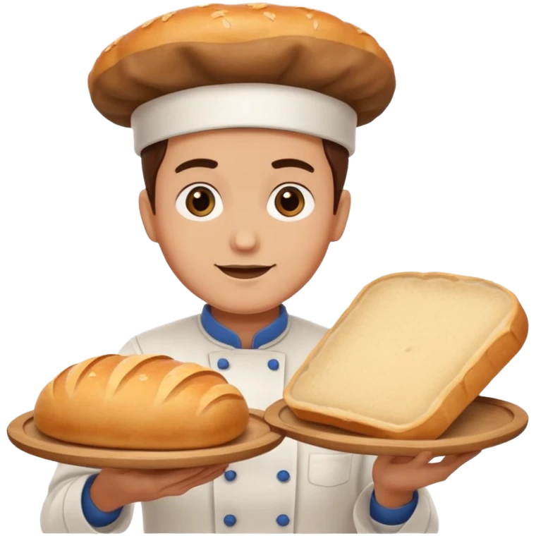 baker holding tray with big bread emoji