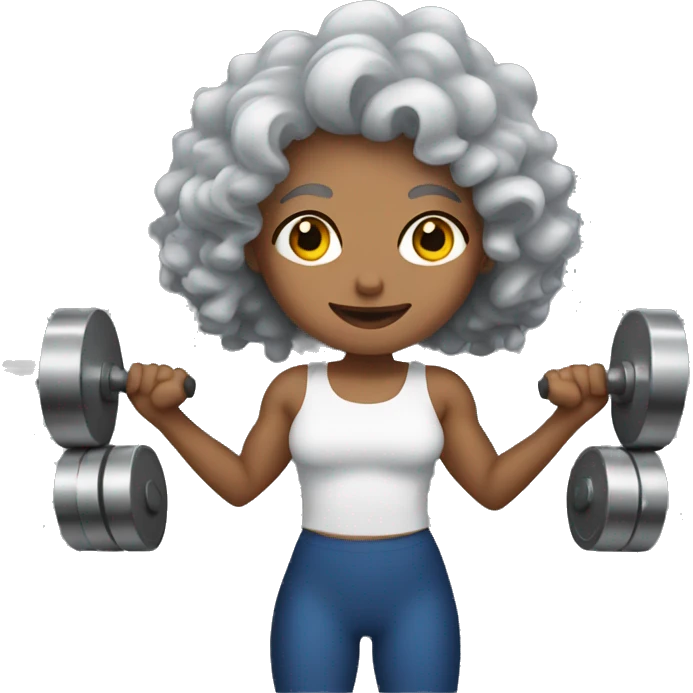White women with curly gray hair lifting weights emoji
