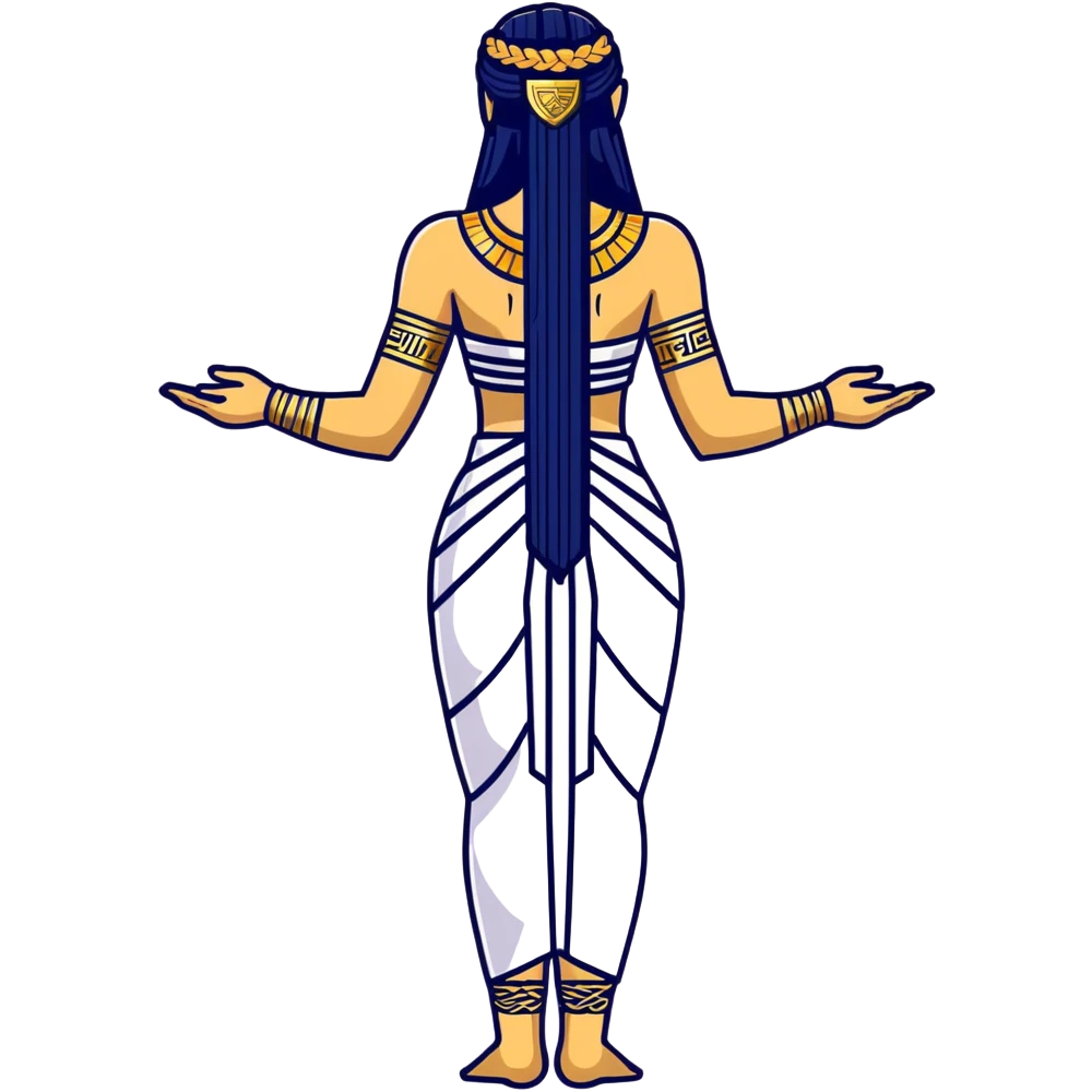 fullbody back view of Anunnaki goddess Inanna with braided long black hair, Ishtar gate symbols, completely exposed back with subtle Mesopotamian tattoos, and intricate gold jewelry on wrists and ankles emoji