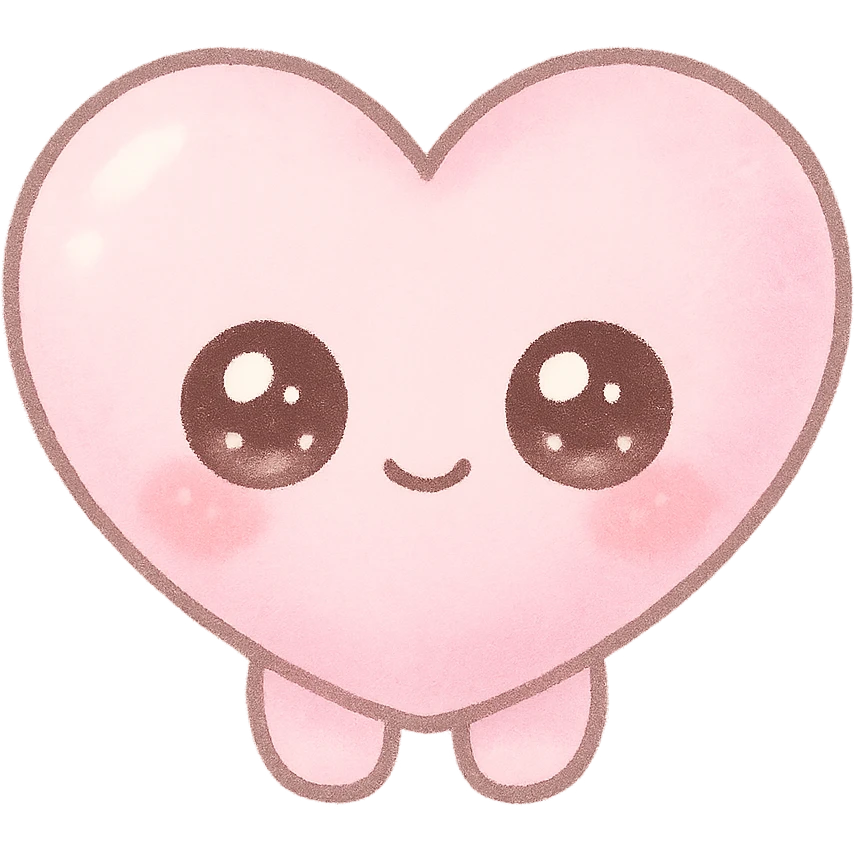 kawaii chibi pink heart character with big sparkling eyes, soft pastel colors, no arms, no legs, full body, soft pastel kawaii style emoji
