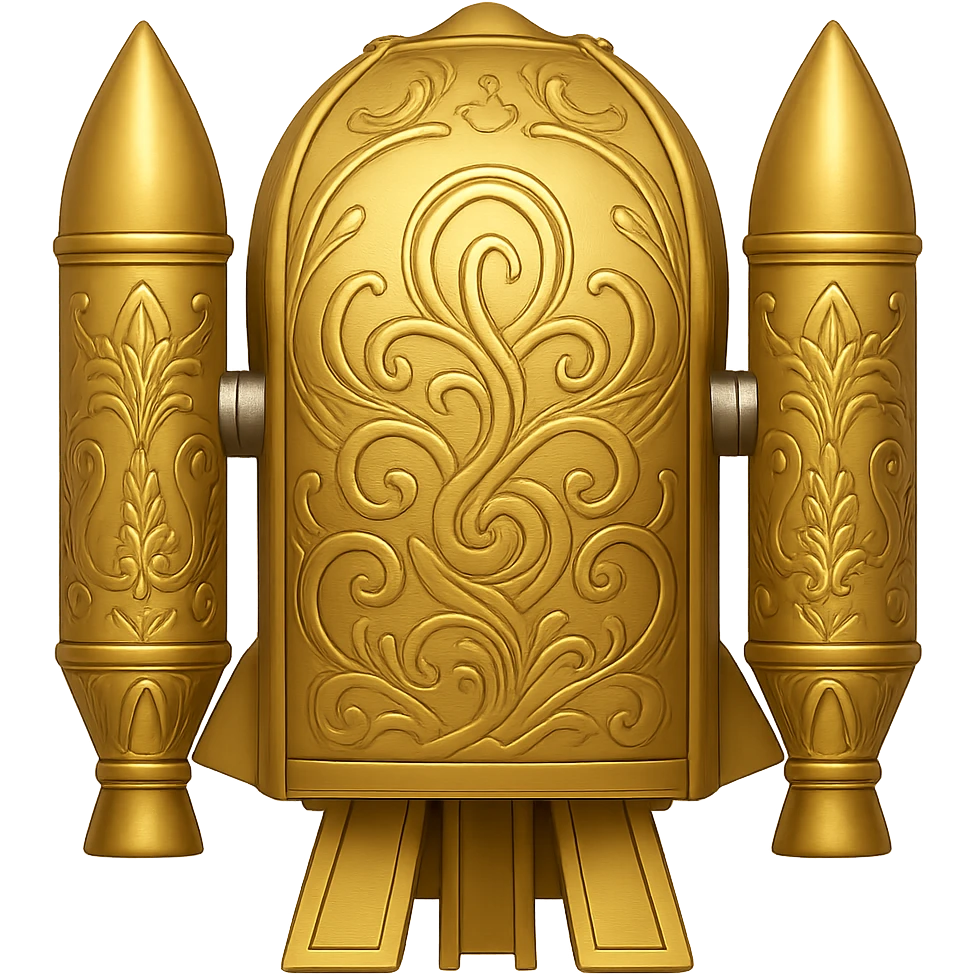 Create a back view of a gold ancient wide jetpack with very shoulder wide side rocket projectiles, no fire, with an apple style emoji look. The jetpack should have engraved patterns on the gold surface. Remove the background. emoji