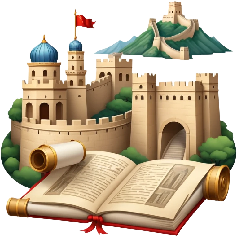 icon featuring an ancient scroll, quill pen with famous historical landmarks and monuments like the Great Wall and the Colliseum in the background. Historical figures are depicted as statues, symbolizing the study of history. Transparent background highlights the legacy of past civilizations. emoji