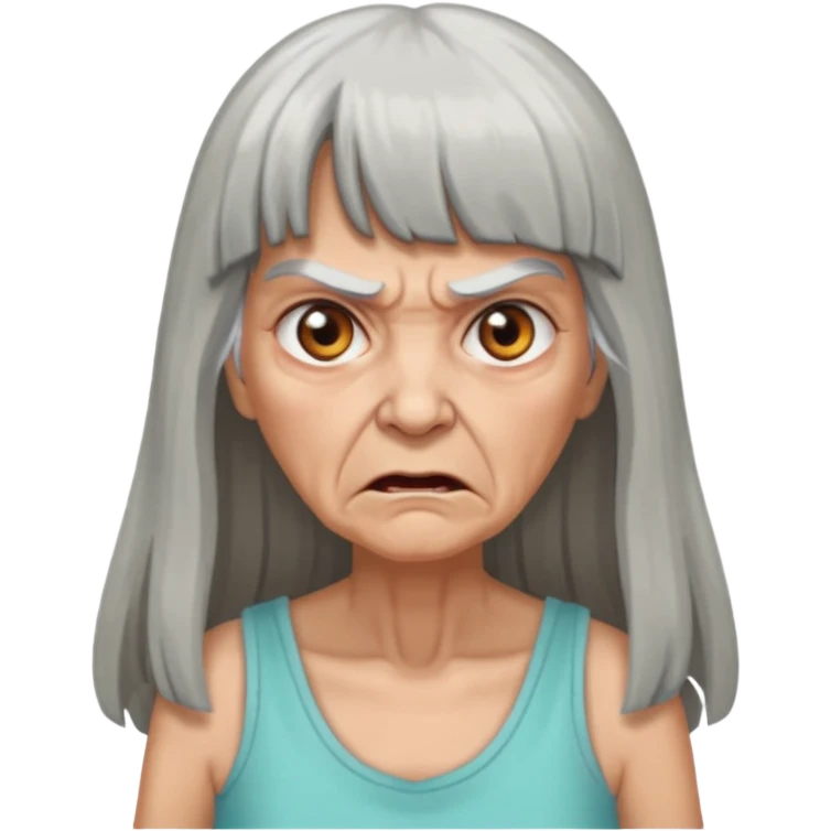 Angry old woman with long gray hair and bangs and scary eyes in a sundress emoji