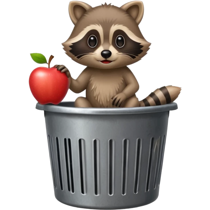 a raccoon sitting ontop of s trash can holding a bitten apple emoji
