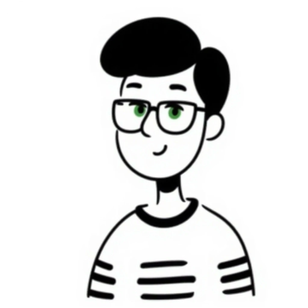 woman with a short pixie haircut, green eyes, glasses, and a short sleeve shirt, hand-drawn doodle style emoji