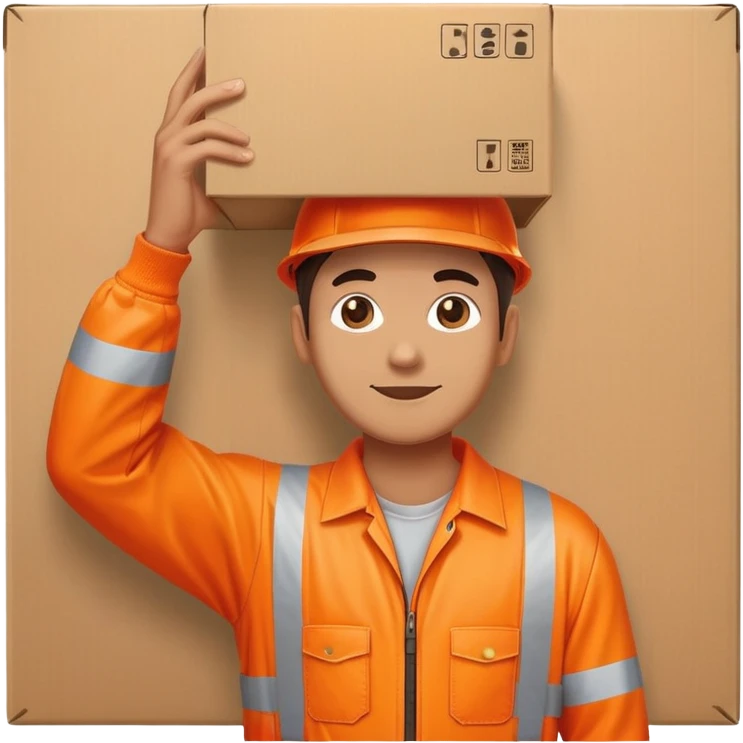 man standing facing away, wearing orange hi visibility overalls  holding a box above his head emoji