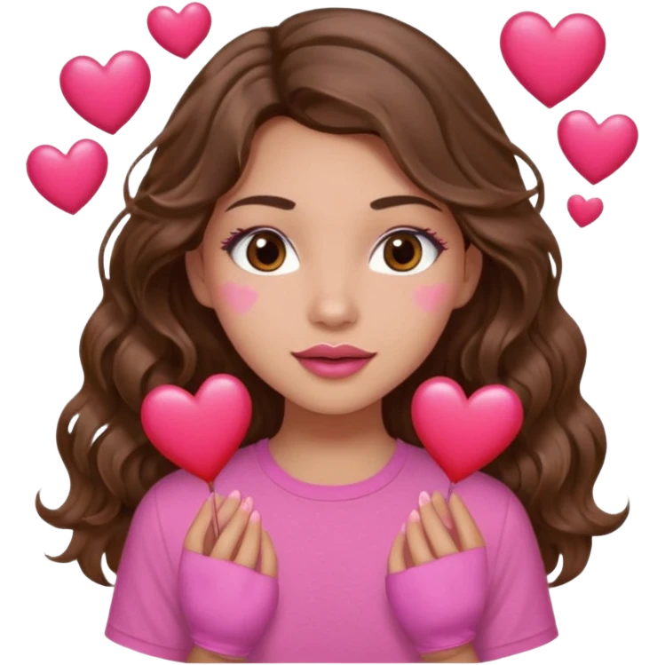 girl with long wavy brown hair, brown eyes, light to medium complexion, in a pink shirt, pink lips, long lashes, many  hearts in hand emoji