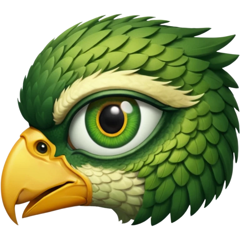 close up of just the eye and nothing else at the side profile of the face of a green hawk that is looking away from the camera on white background emoji