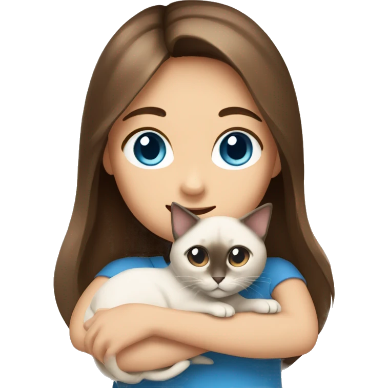 Girl with brown hair and brown eyes hugs Siamese cat with blue eyes emoji