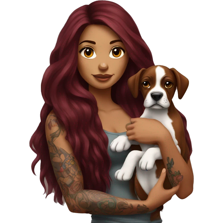 Beautiful tattooed  burgundy long haired woman holding a boxer puppy emoji