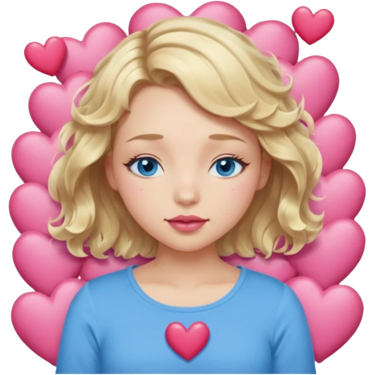 Girl Blonde short wavy hair,  blue eyes, cute blue top, long lashes, pink lips, sleeping eyes closed, hearts floating  emoji