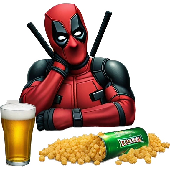 Deadpool tomando cervezas heineken con palomitas emoji