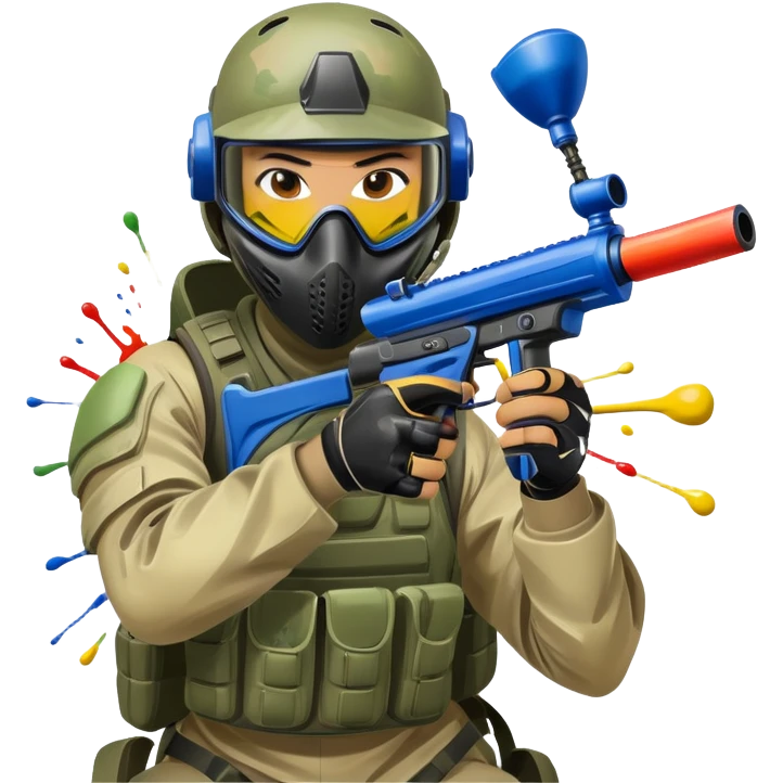 A paintball player in full gear, aiming a paintball gun with focus and determination. The scene includes vibrant splashes of paint and a dynamic battlefield setting, emphasizing action, strategy, and teamwork in a competitive environment emoji