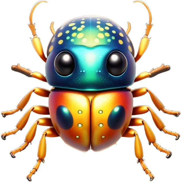 Cinematic Cute Beetle Portrait Emoji, Head tilted playfully and inquisitively, featuring a diminutive, charming body with a glossy, intricately patterned shell and round, sparkling eyes full of endearing wonder, Simplified yet irresistibly adorable features, highly detailed, glowing with a warm, inviting metallic glow, high shine, affectionate and lively, stylized with a touch of whimsical insect elegance, soft glowing outline, capturing the essence of a mischievous beetle that seems as if it could scuttle out of the screen into your arms! emoji