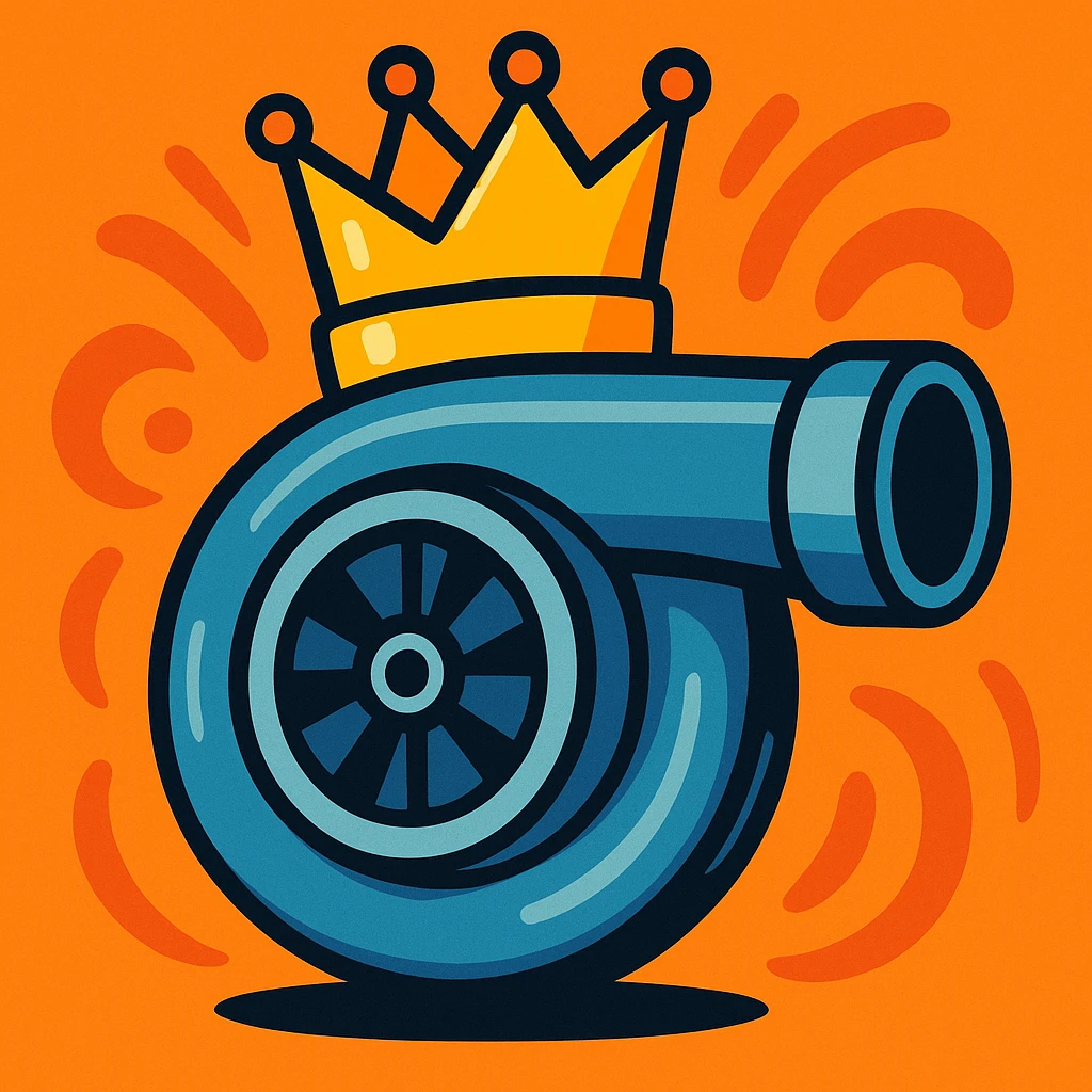 a turbocharger with a crown on top, cartoon style, bold colors emoji