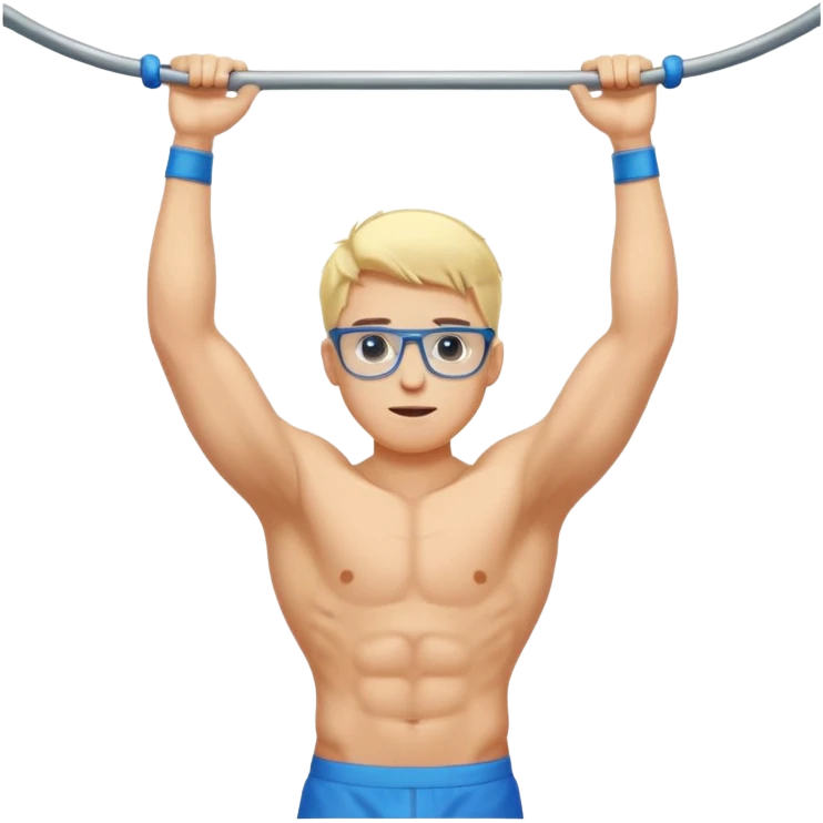 Generate an emoji-style illustration of a muscular blonde young man with blue eyes and transparent glasses, hanging from a pull-up bar. Show his full body from head to toe. Clean, modern emoji design with vibrant colors and simple background. emoji