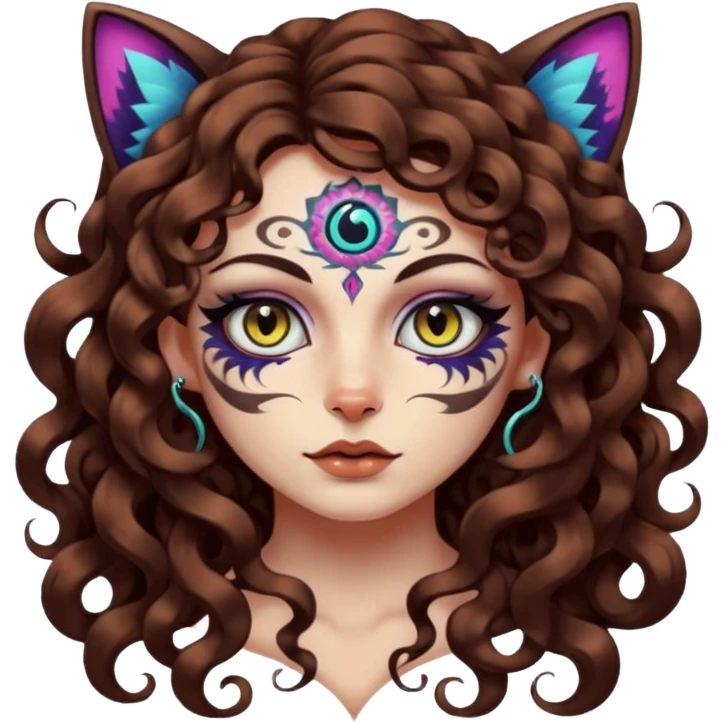 woman with long curly brown hair, brown eyes, white skin, tattoos, black cat with psychedelic spiral eyes mirroring hers emoji