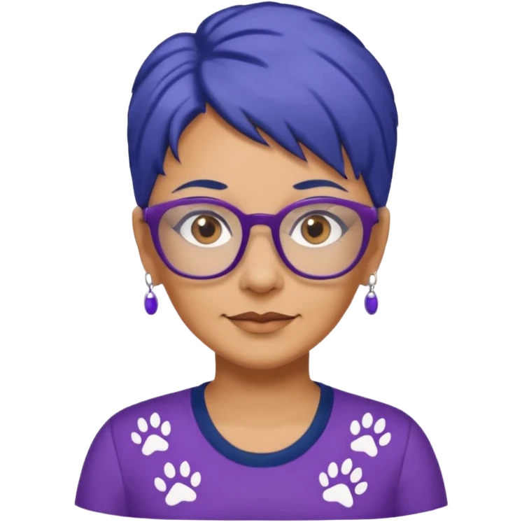 50-year-old woman with hair that is navy blue, purple glasses, and brown eyes, in a shirt with small pawprints all over it. emoji