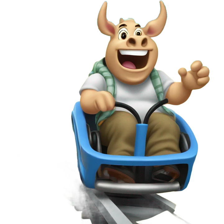 Rhino man riding a roller coaster with large $ signs & money flowing behind  emoji